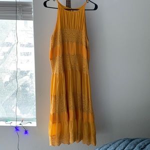 Anthro yellow midi dress with lace detail size medium